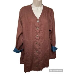 FLAX Designs Womens Linen Jacket‎ M Brown Pockets Lagenlook Artsy Boxy Brown